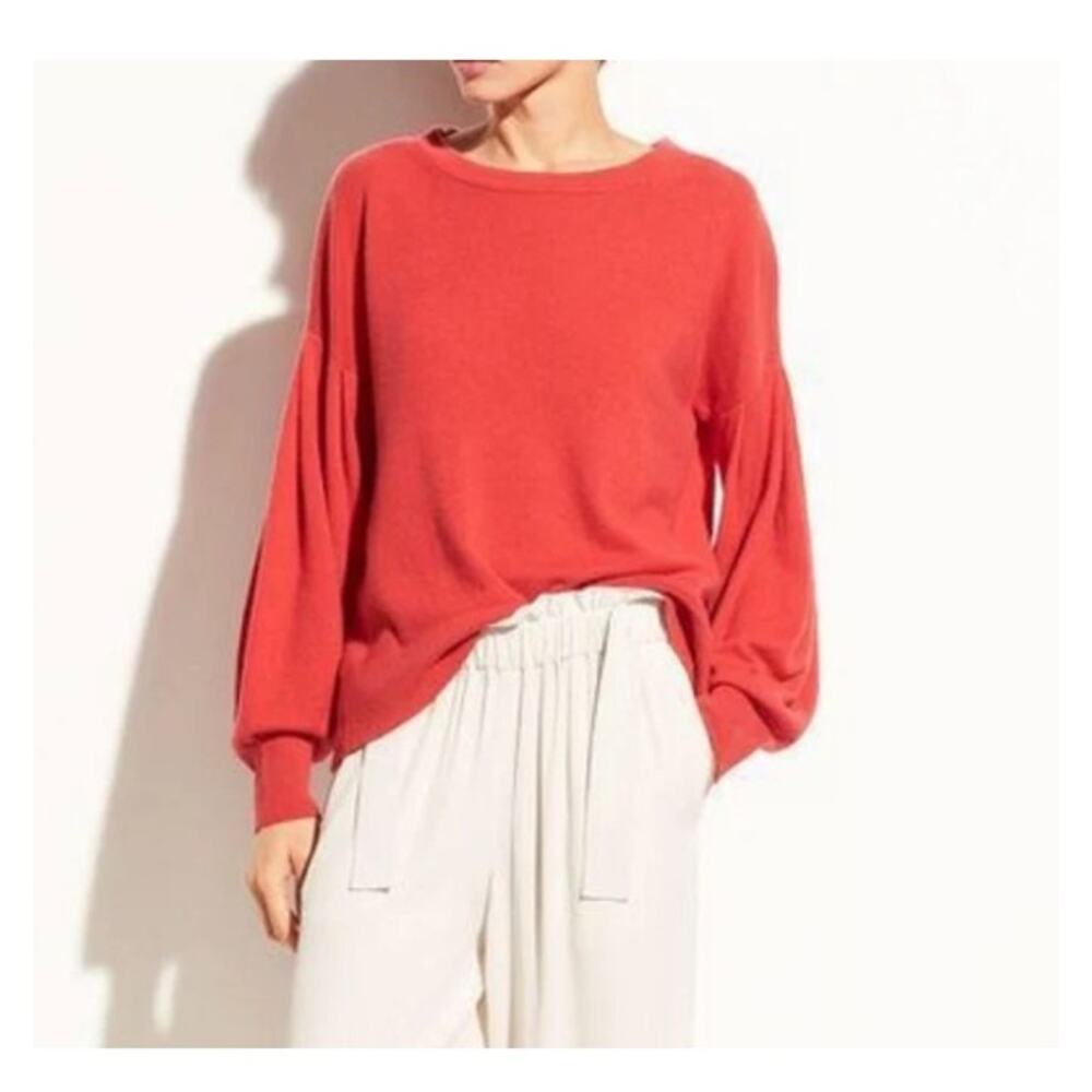 Vince Cashmere Sweater Poppy Red Balloon Sleeve Pleated Knit